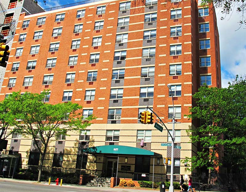 Brick exterior street view of the New Jewish Home Harry and Jeanette Weinberg Riverdale House in the Bronx, New York