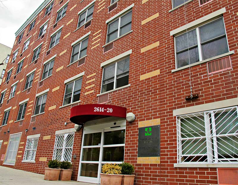 The brick exterior of the New Jewish Home Kenneth Gladstone Building in the Bronx, New York City