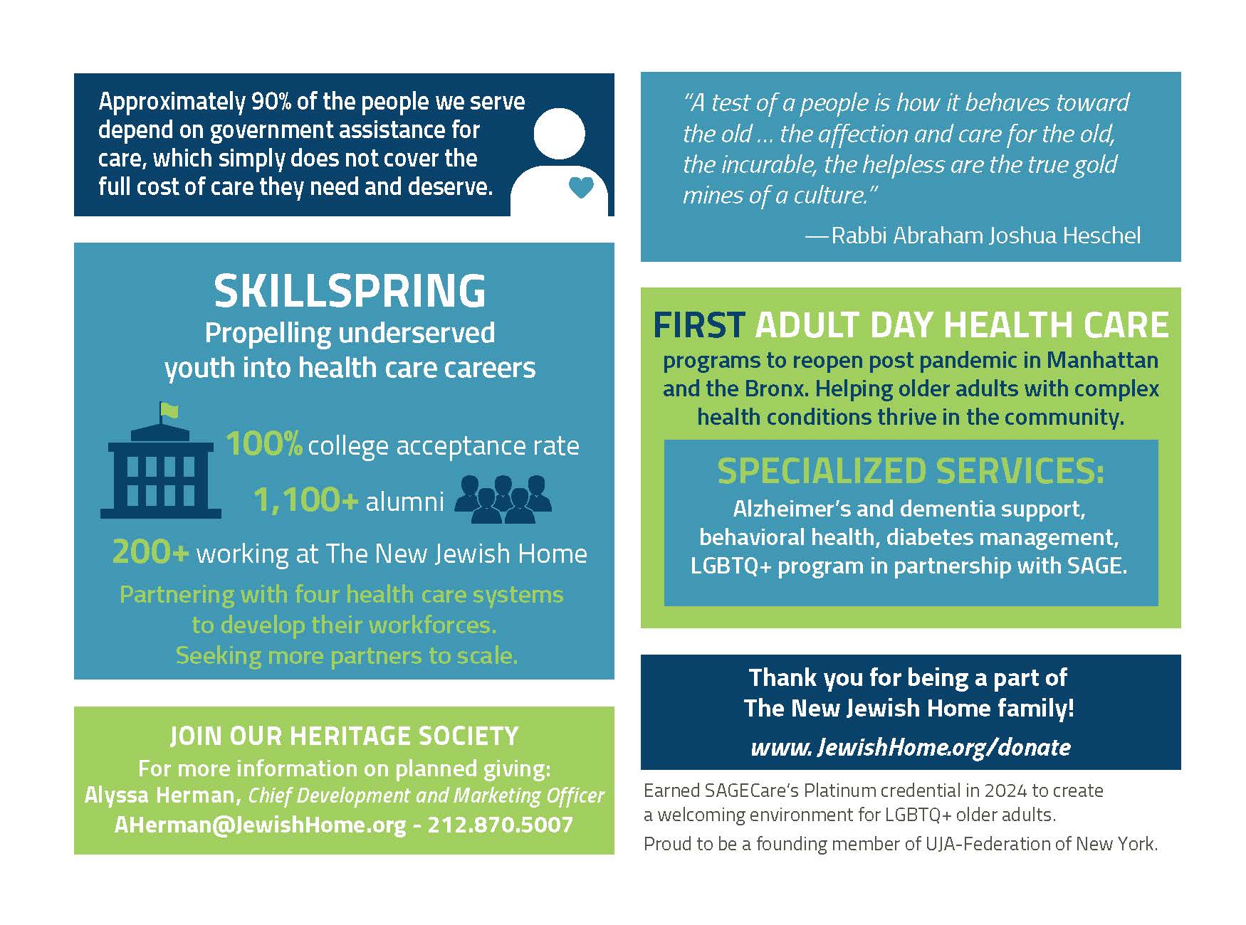 TNJH_At_A_Glance_CARD_oti_6-20-24_Page_2 An informational flyer promotes career opportunities at The New Jewish Home, highlighting skilled jobs in healthcare for young professionals, specialized services for Alzheimer's and LGBTQ+ seniors, and ways to donate. Quotes and contact details are included.