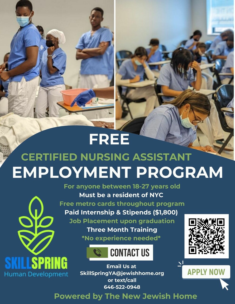 large-CNA SkillSpring Flyer – 2025 (1) Flyer for a free Certified Nursing Assistant employment program in NYC for ages 18–27, featuring photos of young adults in scrubs in a medical training setting. Program details and contact info are listed.
